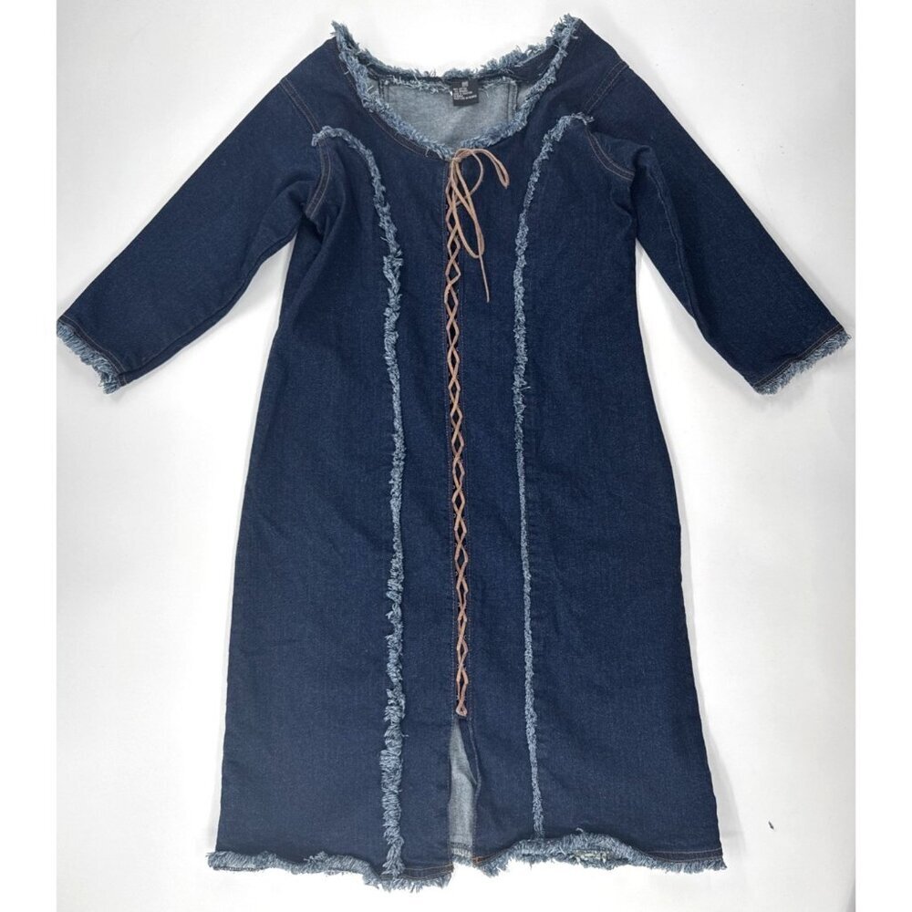 Vintage Starwear Womens Denim Dress Medium Leather Accent Fringe Cowgirl Western